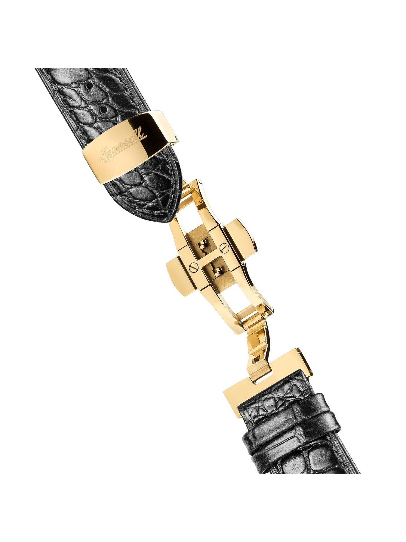  The Charles Black and Gold Detail Skeleton Automatic Dial Black Leather Strap Watch