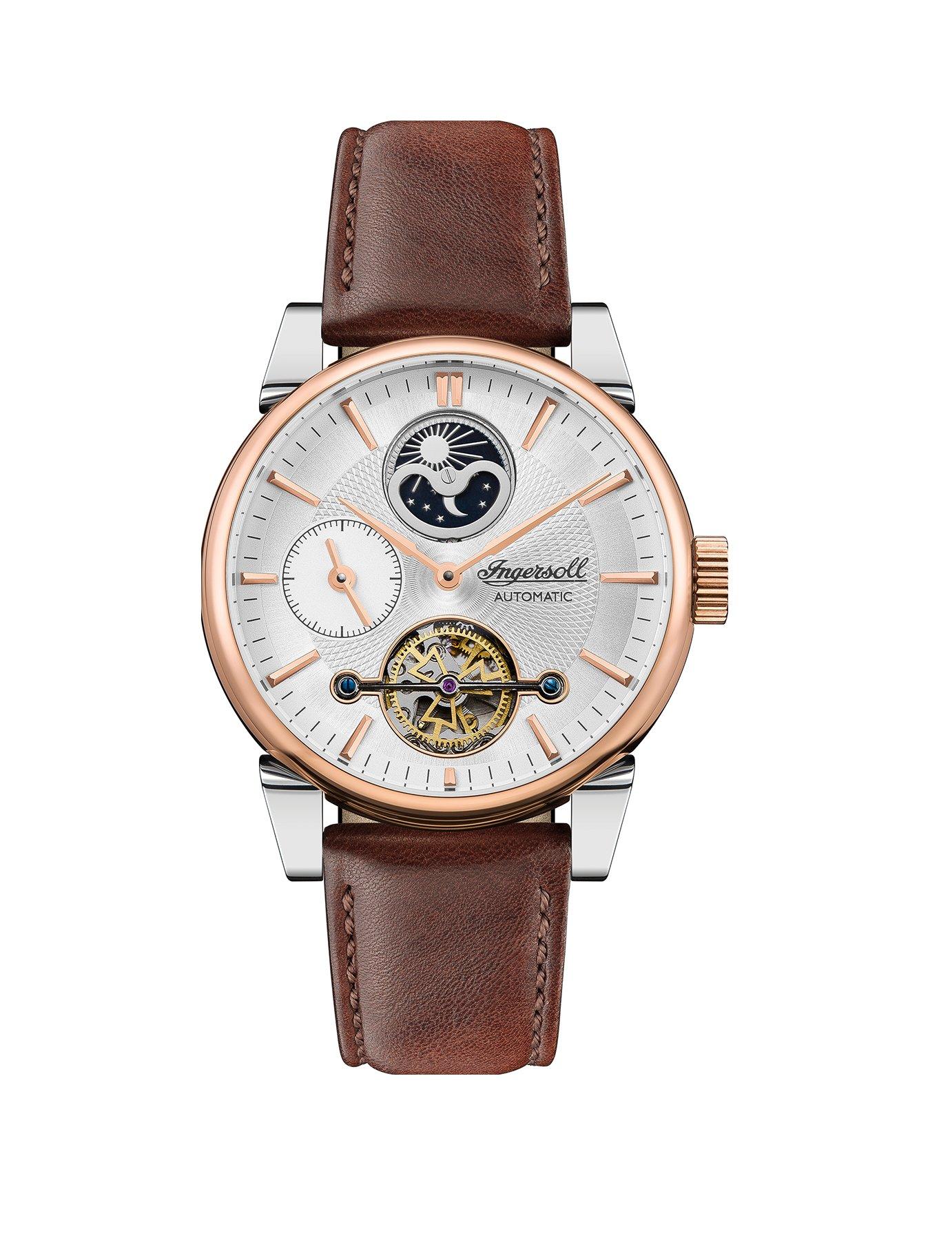  The Swing White and Rose Gold Detail Moonphase Automatic Dial Brown Leather Strap Watch