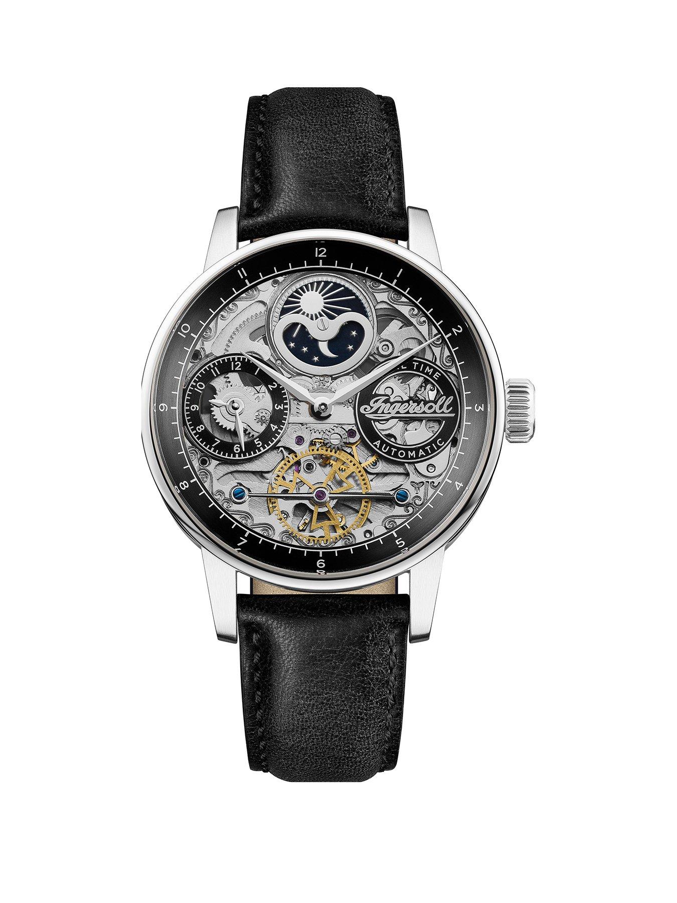 Product photograph of Ingersoll The Jazz Silver Skeleton Moonphase Automatic Dial Black Leather Strap Watch from very.co.uk