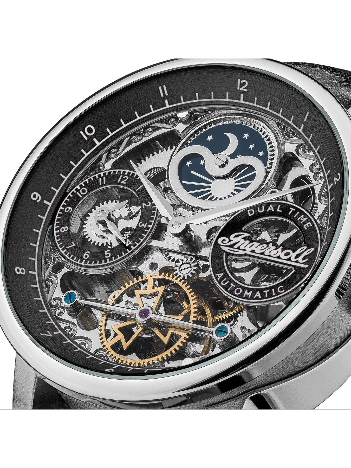 Image 3 of 5 of Ingersoll The Jazz Silver Skeleton Moonphase Automatic Dial Black Leather Strap Watch