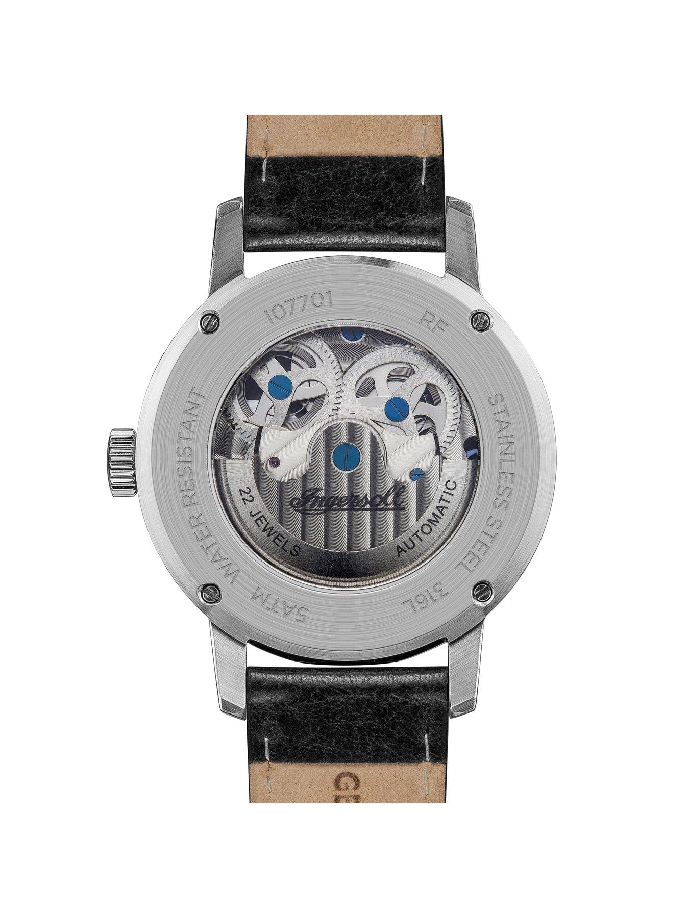 Image 4 of 5 of Ingersoll The Jazz Silver Skeleton Moonphase Automatic Dial Black Leather Strap Watch