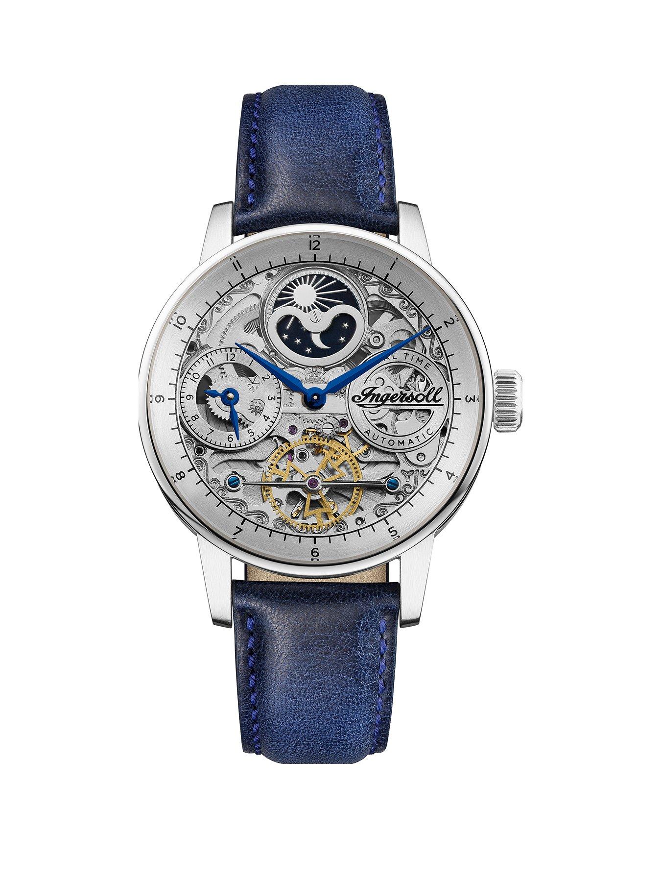 Ingersoll The Jazz Silver Skeleton Moonphase Automatic Dial Black Leather Strap Watch Very