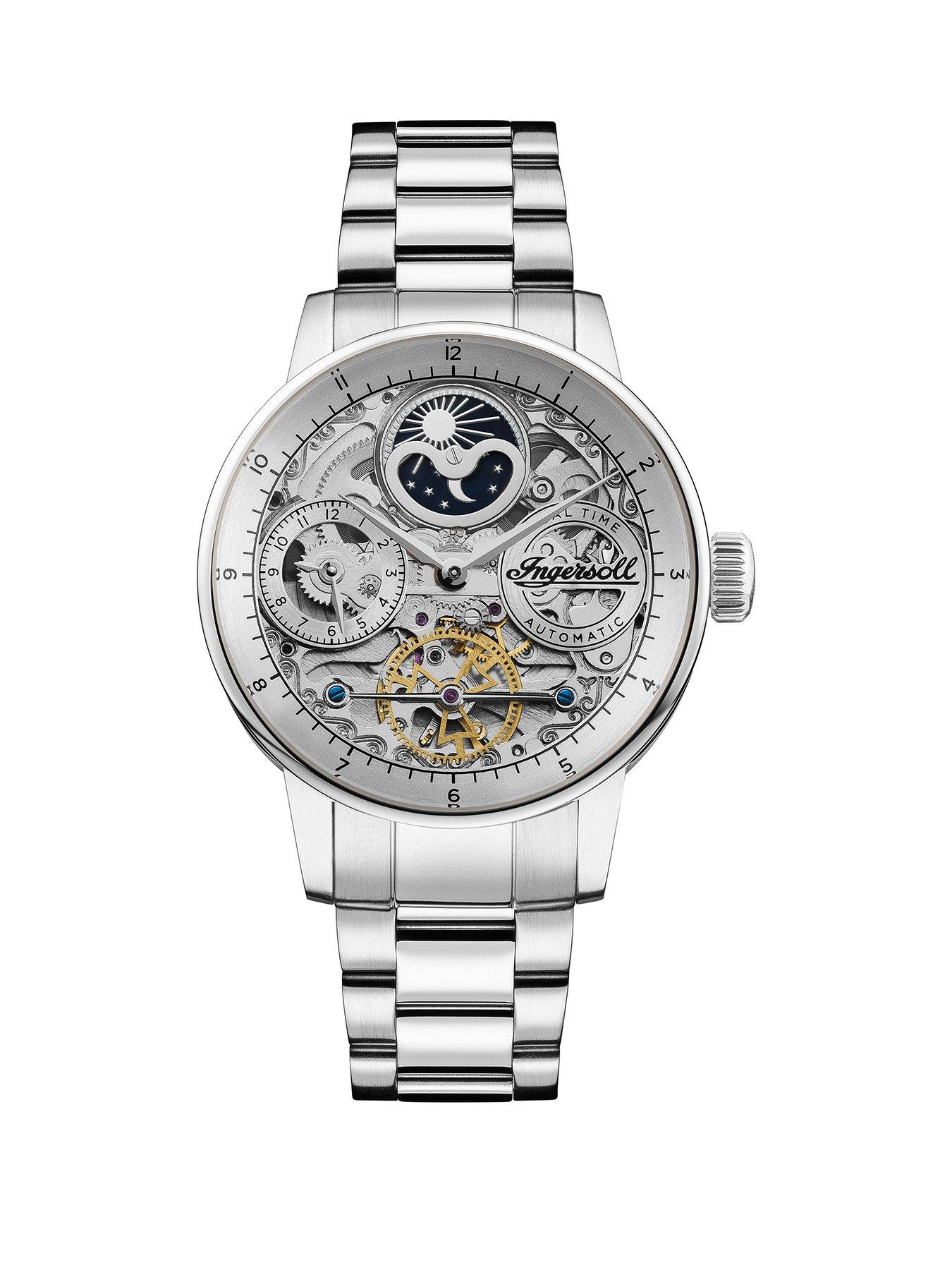 Ingersoll The Jazz Silver Skeleton Moonphase Automatic Dial Stainless Steel Bracelet Watch