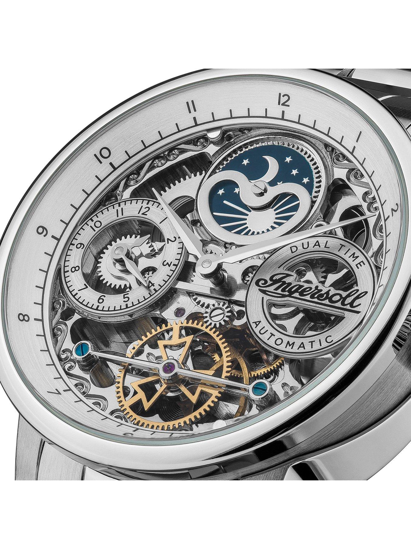 Ingersoll The Jazz Silver Skeleton Moonphase Automatic Dial Stainless Steel Bracelet Watch Very