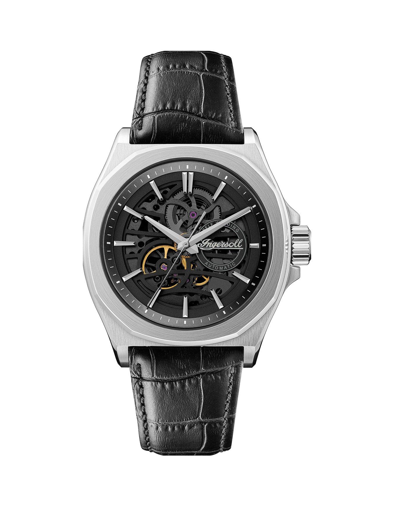 Men The Orville Black and Silver Detail Skeleton Automatic Dial Black Leather Strap Watch