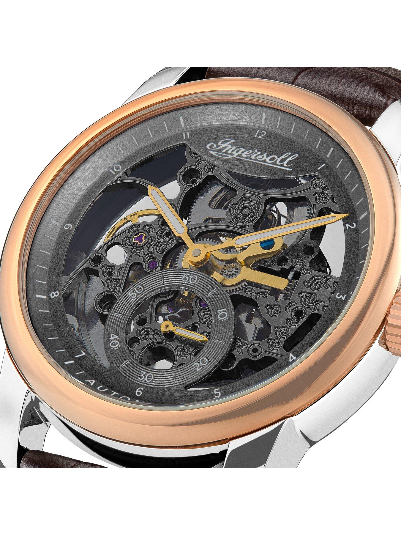 Jewellery & watches The Baldwin Silver and Rose Gold Detail Skeleton Dial Brown Leather Strap Watch