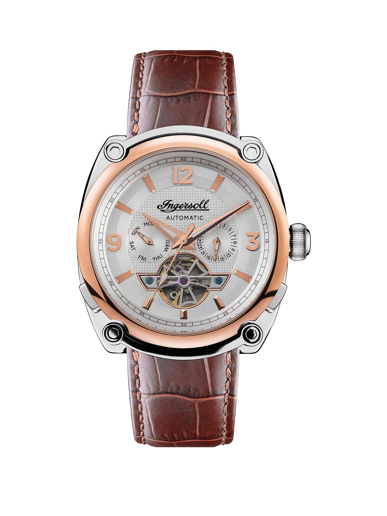 Product photograph of Ingersoll The Michigan Silver And Gold Detail Automatic Dial Brown Leather Strap Watch from very.co.uk