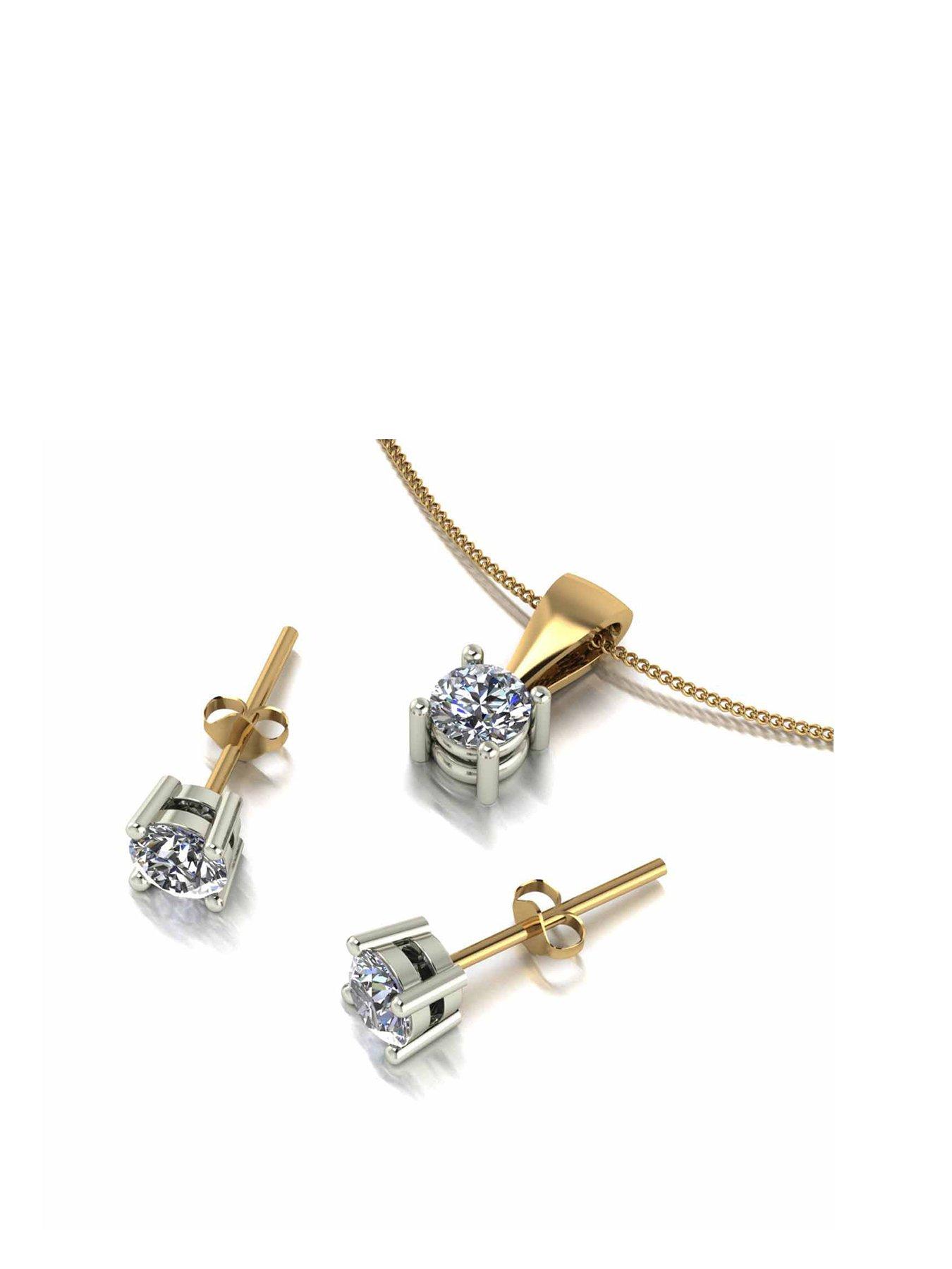 Women 9ct Gold 1ct total Diamond Pendant and Earrings Jewellery Set