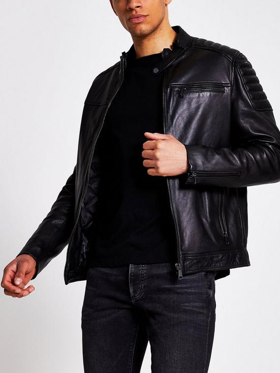 front image of river-island-real-leather-racer-jacket-black
