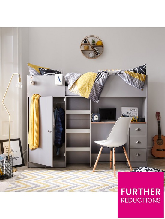 front image of very-home-atlanta-high-sleeper-with-desk-drawers-and-wardrobe-with-mattress-options-buy-and-save-grey
