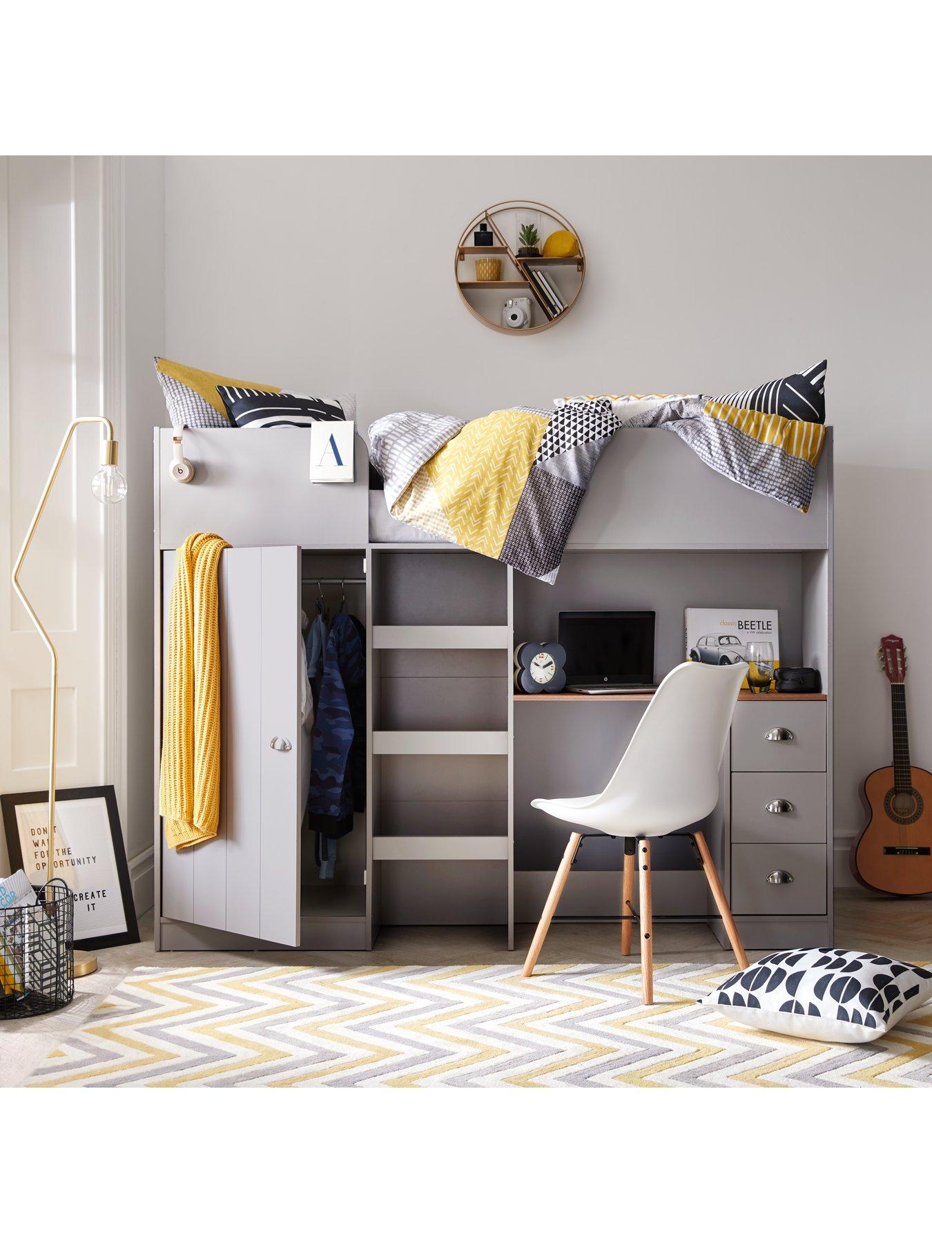 undefined Atlanta High Sleeper with Desk, Drawers and Wardrobe with Mattress Options (Buy and SAVE!) - Grey