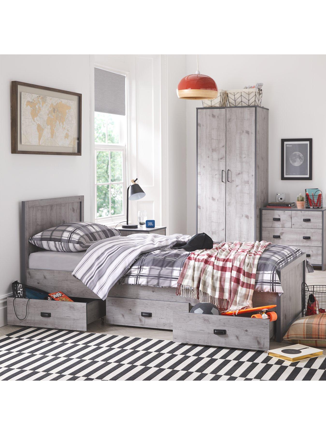 Grey wooden single on sale bed with storage