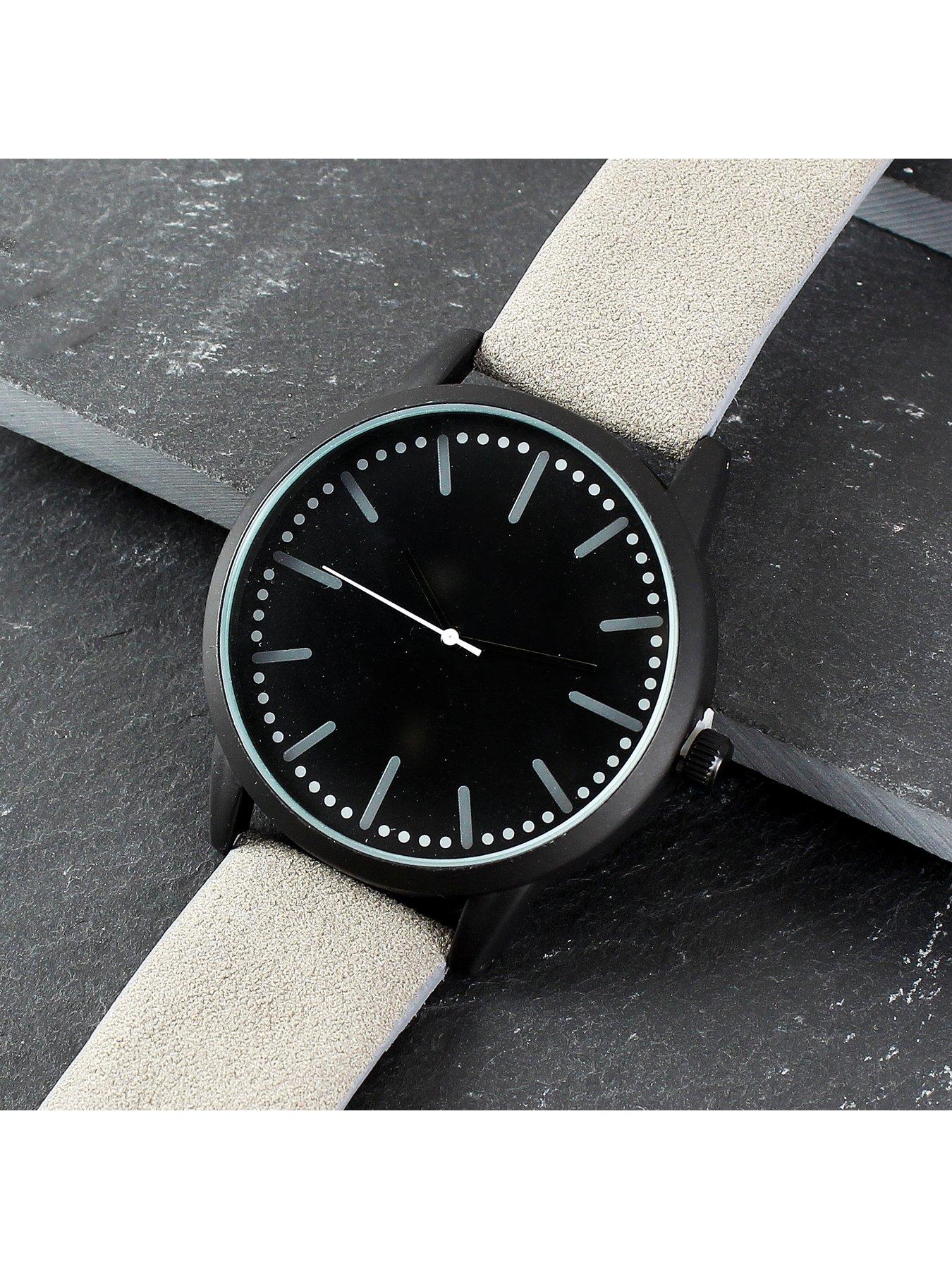 The Personalised Memento Company Personalised Mens Matte Black Watch with Grey Strap Very