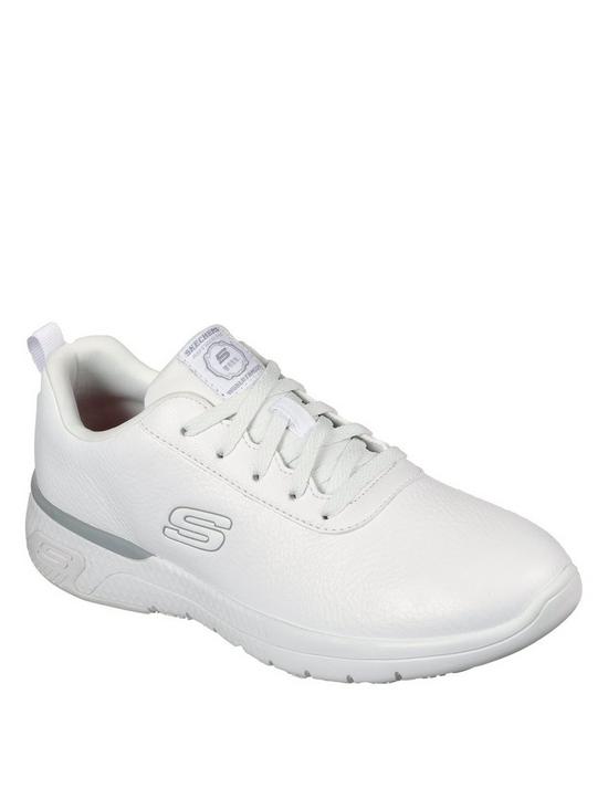 front image of skechers-athletic-lace-up-slip-resistant-outsole-trainer-white