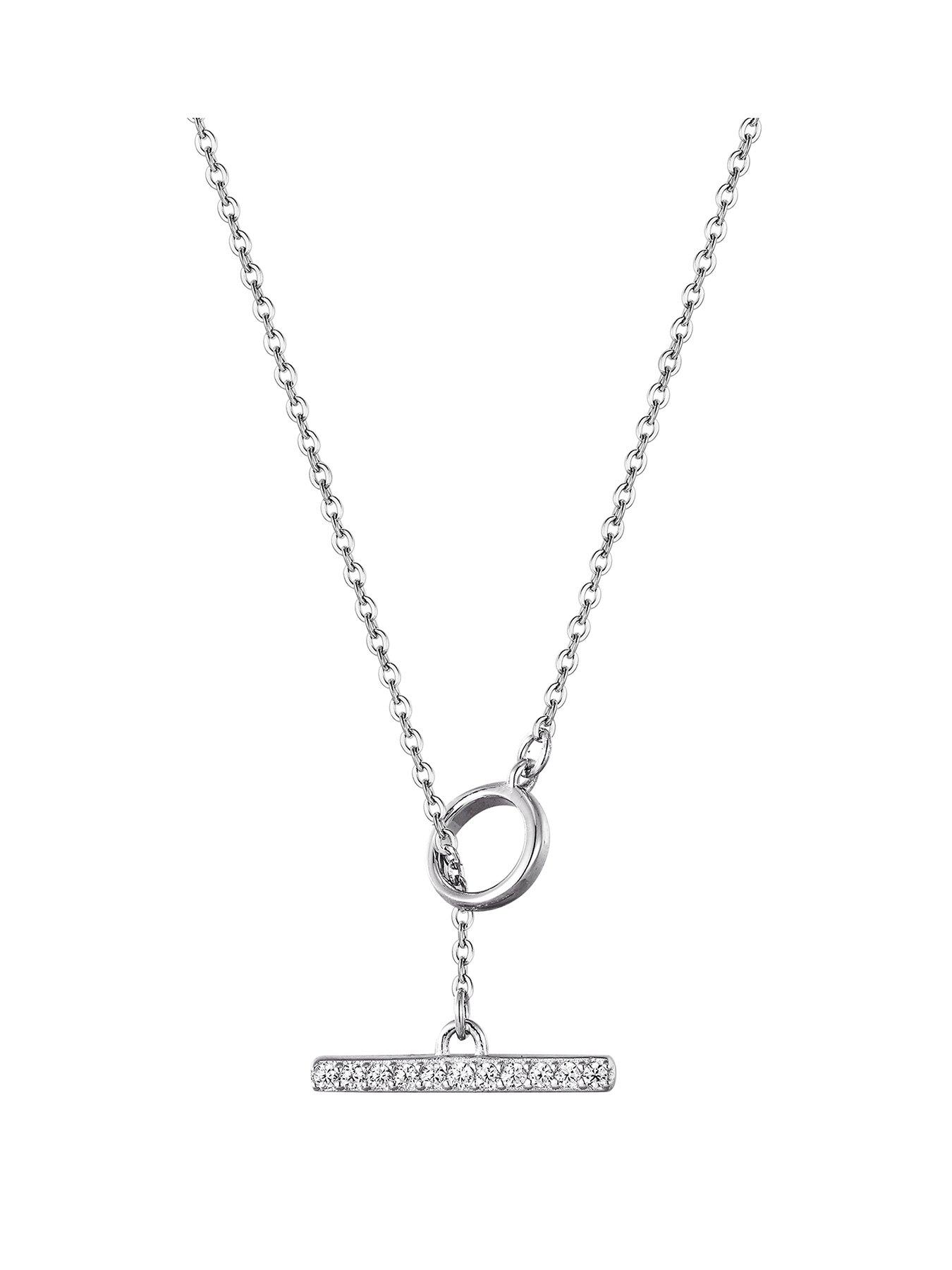 Product photograph of The Love Silver Collection Rhodium Plated Sterling Silver Cubic Zirconia T-bar Necklace from very.co.uk