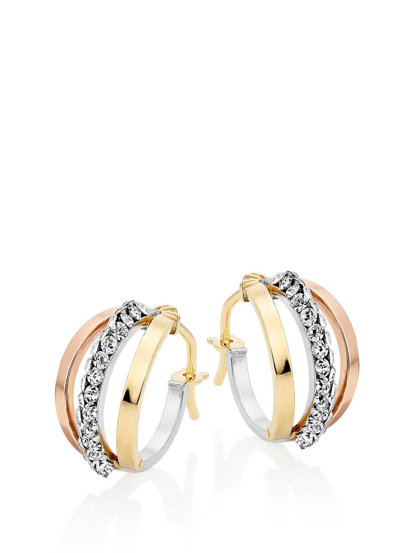  9ct Three Colour Gold Crystal Hoop Earrings