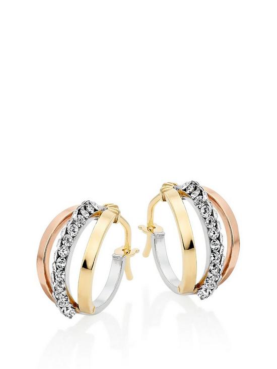 front image of beaverbrooks-9ct-three-colour-gold-crystal-hoop-earrings