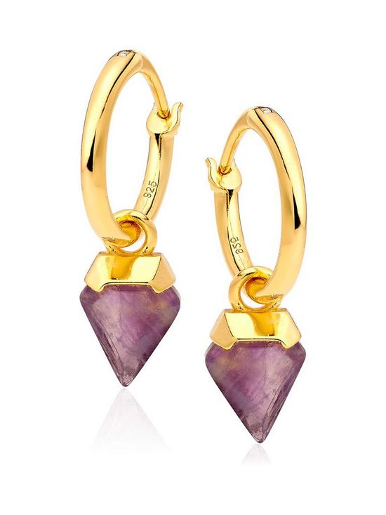 front image of beaverbrooks-18ct-gold-plated-silver-amethyst-charm-hoop-earrings