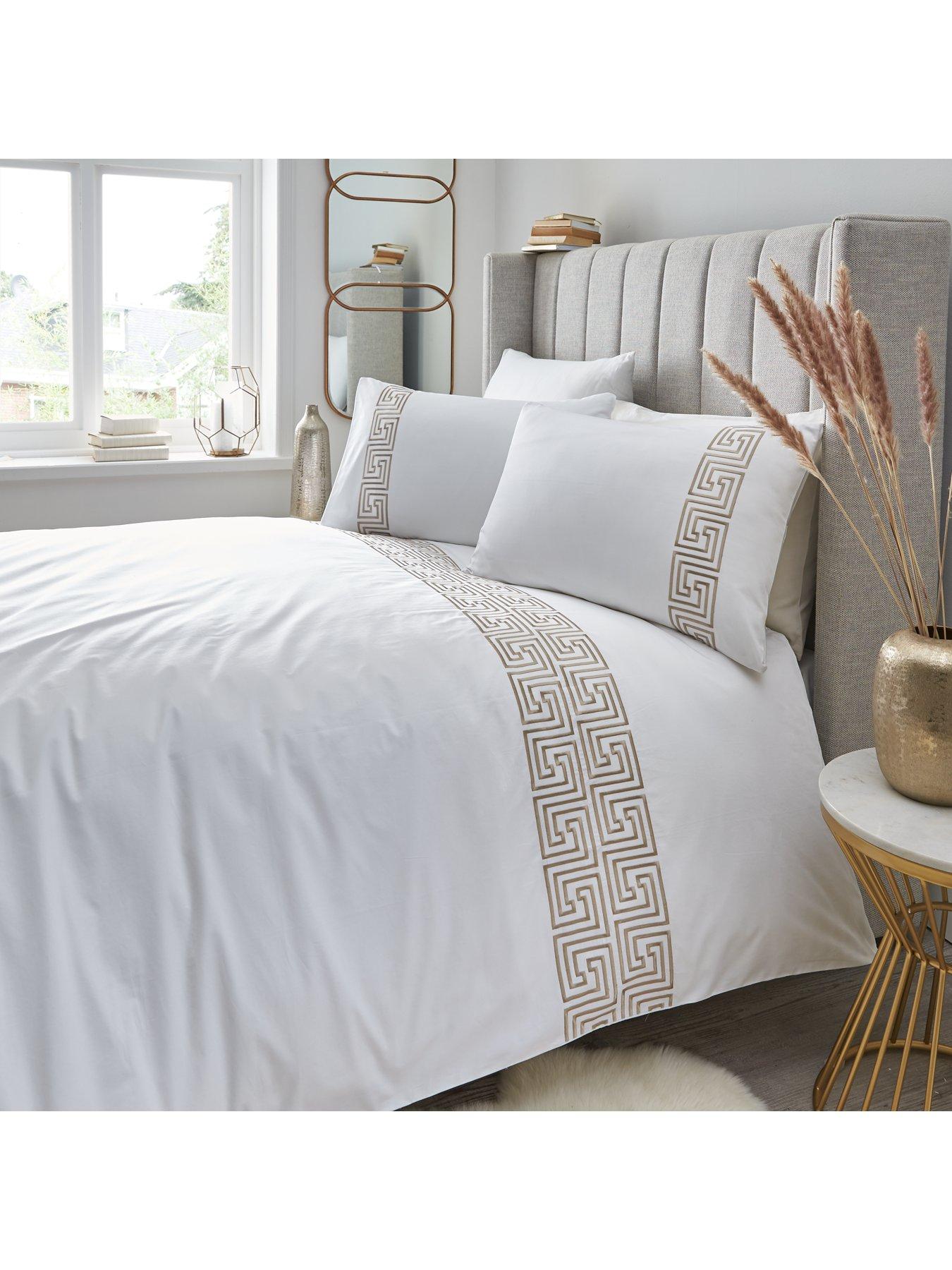 Product photograph of Hotel Collection Greek Key 300 Thread Count Duvet Cover Set - White Gold from very.co.uk