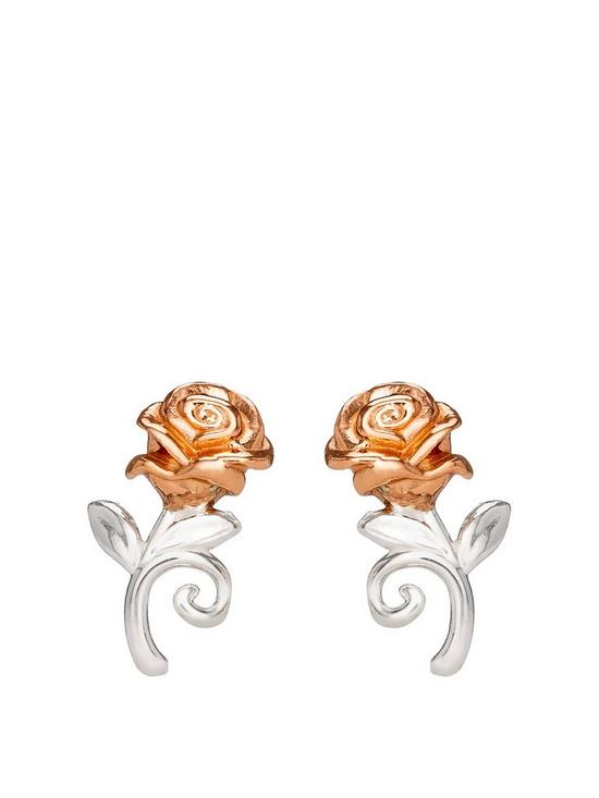 front image of disney-beauty-and-the-beast-rose-gold-plated-sterling-silver-rose-stud-earrings