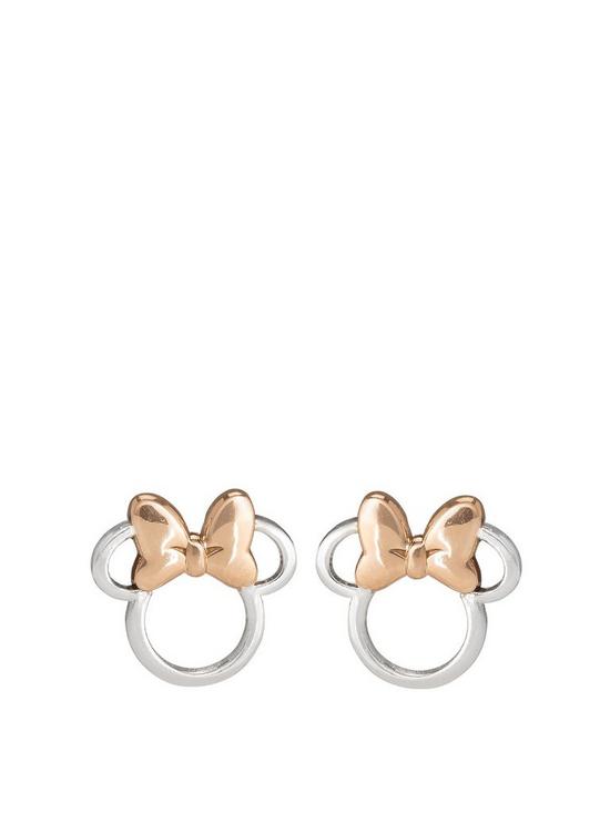 front image of disney-minnie-mouse-sterling-silver-and-rose-gold-bow-stud-earrings