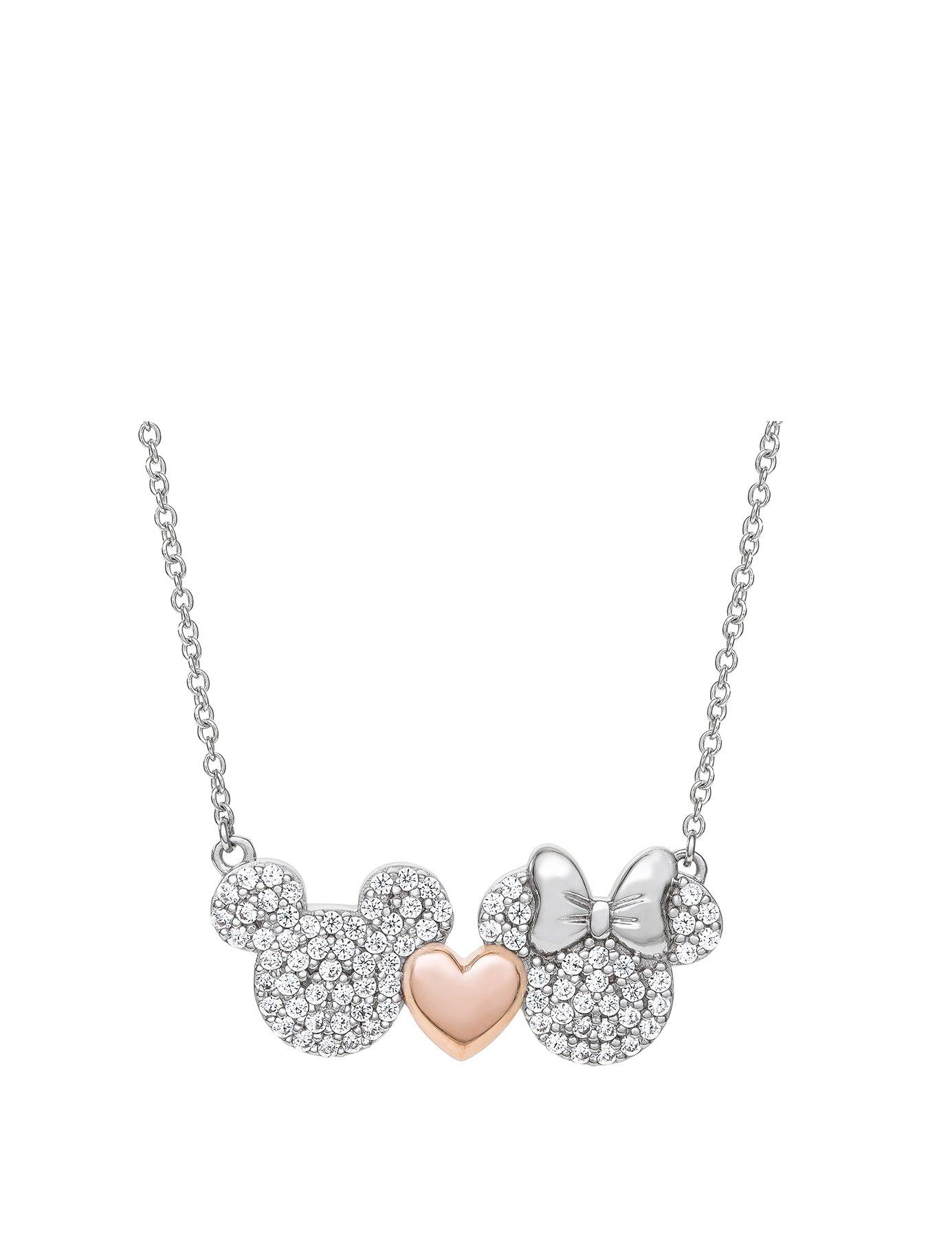 Product photograph of Disney Mickey Loves Minnie Sterling Silver Crystal And Rose Gold Plated Heart Pendant Necklace from very.co.uk