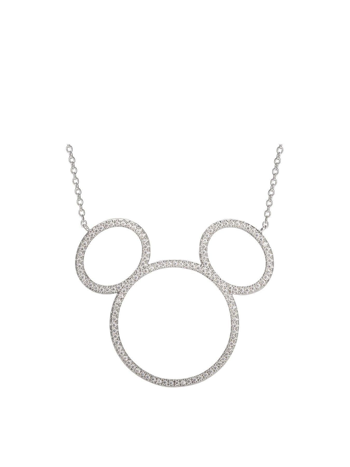 Women Mickey Mouse Sterling Silver Open Crystal Pendant Necklace