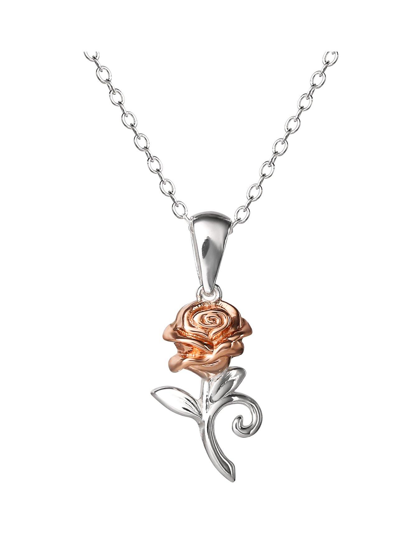 Jewellery & watches Beauty and The Beast Rose Gold Plated Sterling Silver Rose Pendant Necklace