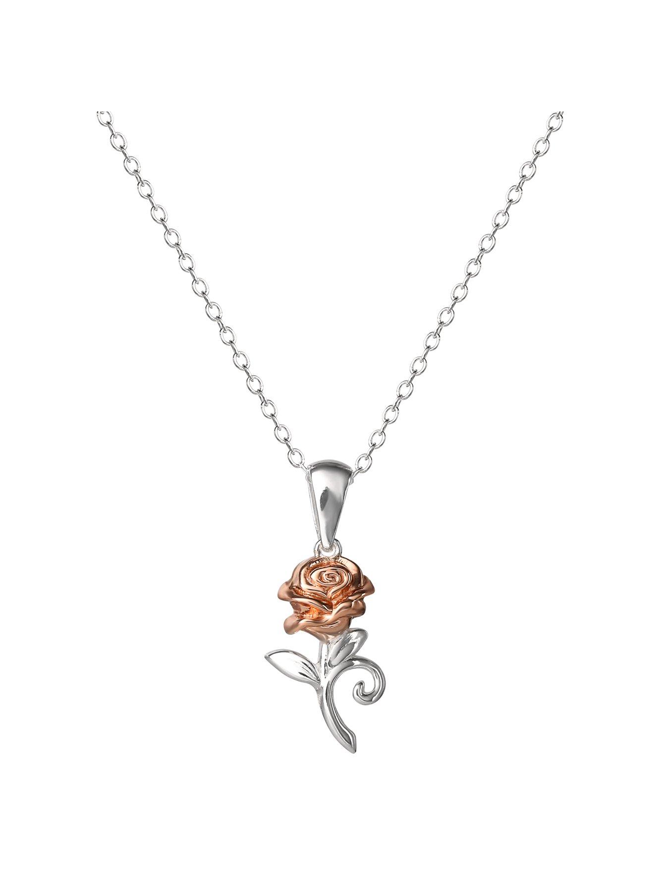 Beauty and The Beast Rose Gold Plated Sterling Silver Rose Pendant Necklace