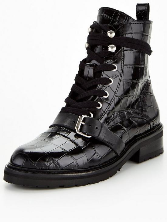front image of allsaints-donita-croc-embossed-leather-biker-boots-black