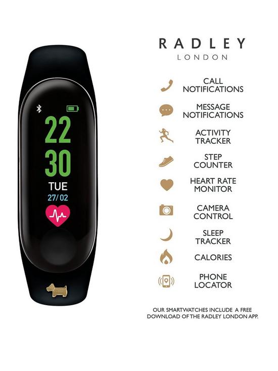 stillFront image of radley-series-1nbspactivity-tracker-with-black-silicone-strap-and-gold-dog-charm-ladies-watch