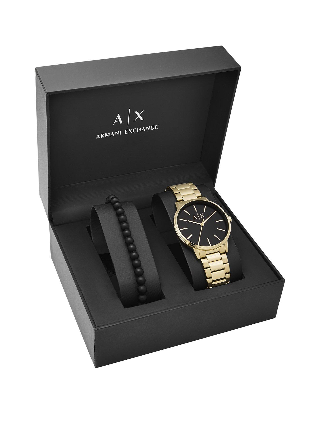 Product photograph of Armani Exchange Black Dial Gold Stainless Steel Mens Watch And Matching Wristwear Gift Set from very.co.uk