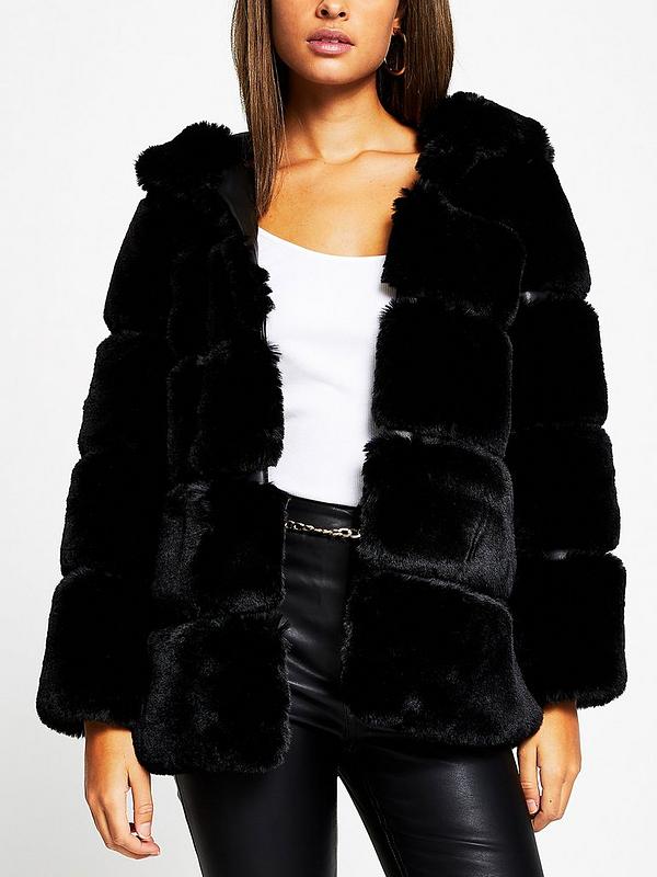 River Island Panelled Faux Fur Hooded, Black Faux Fur Hooded Coat Womens