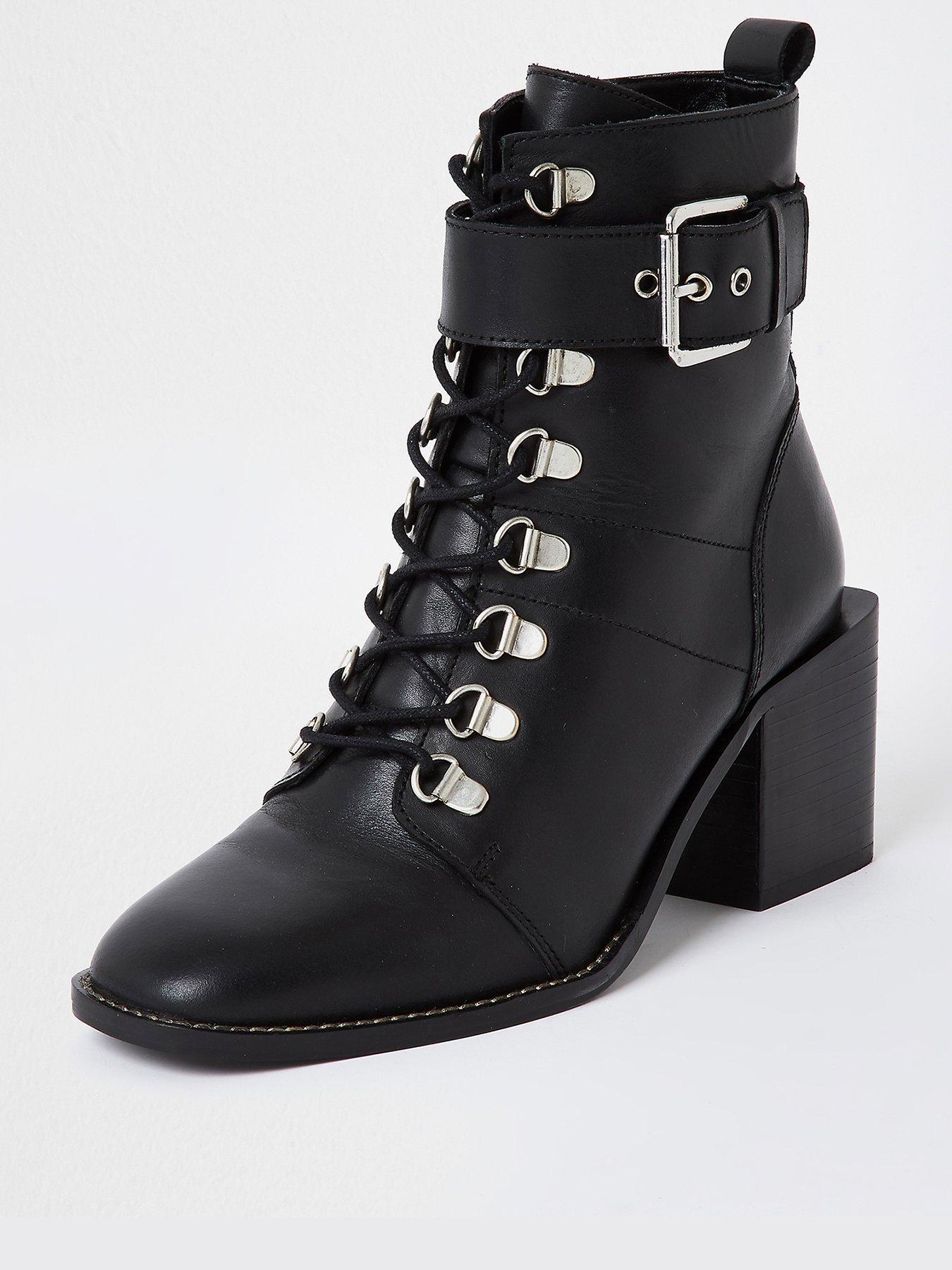 River Island Leather Block Heel Lace Up Boot - Black | very.co.uk