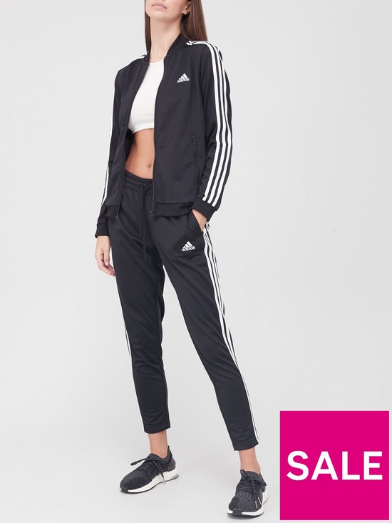 front image of adidas-essentials-3-stripes-tracksuit-black