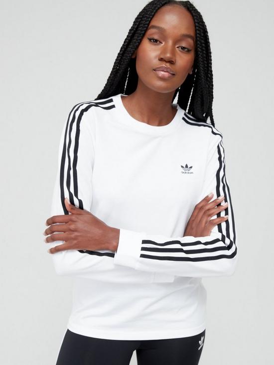 adidas Originals 3 Stripe Long Sleeve Tee - White | very.co.uk