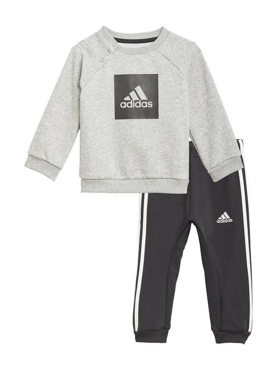 front image of adidas-infant-3-stripe-logo-jogger-set-greyblacknbsp