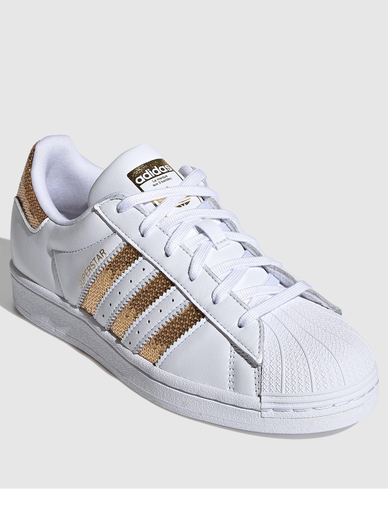 adidas white & gold superstar trainers