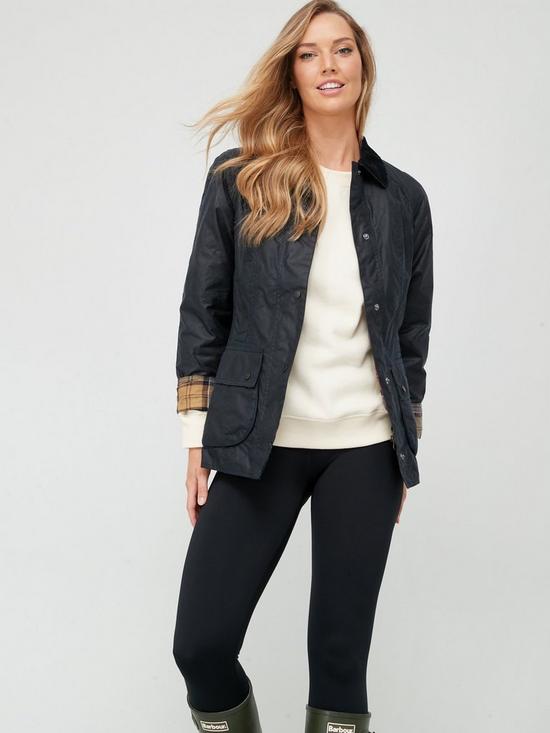 front image of barbour-classic-beadnell-wax-jacket-black