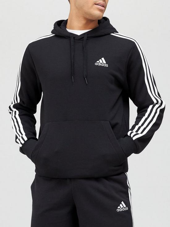 front image of adidas-3-stripe-fleece-hoodie-black