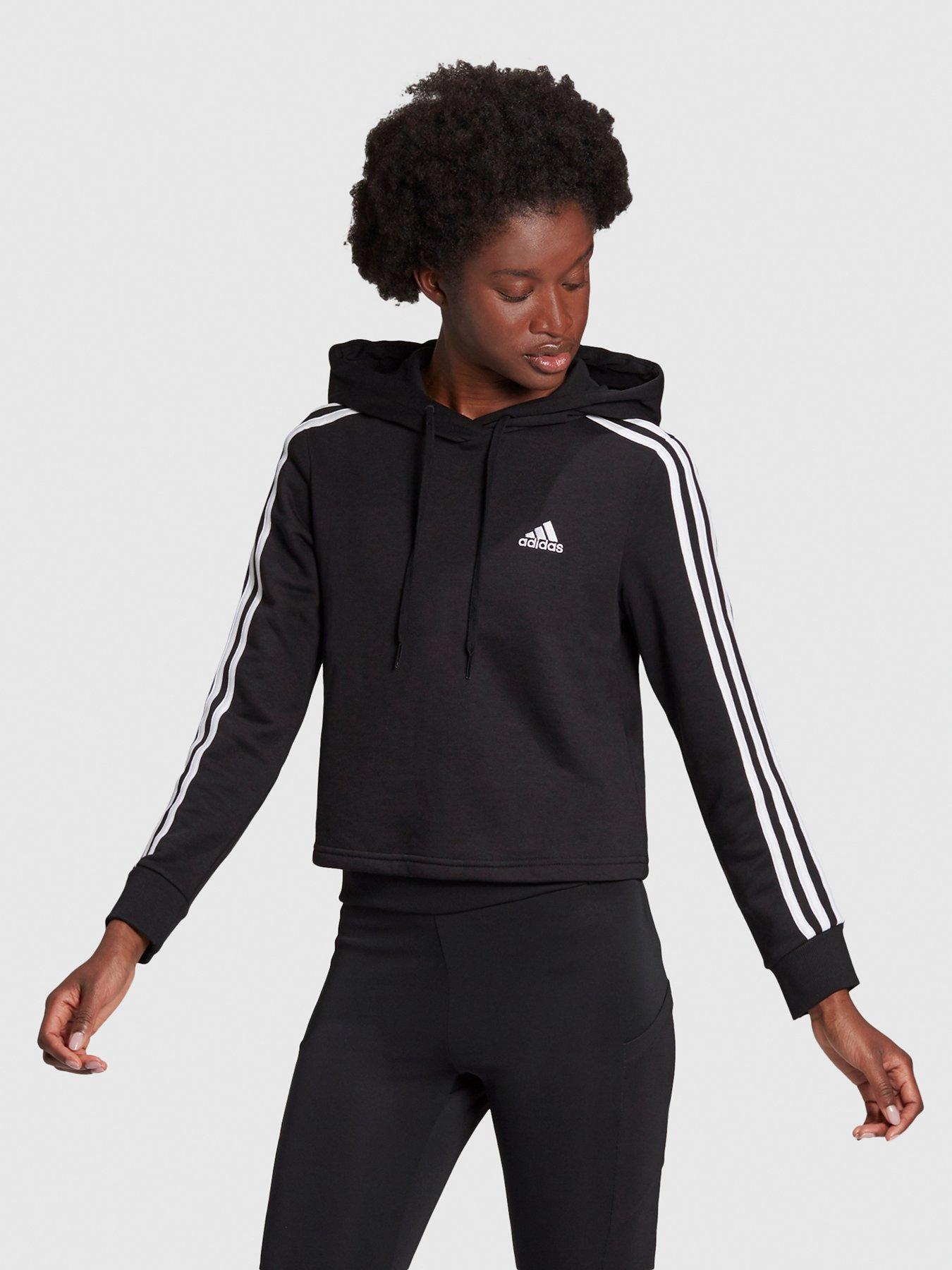 Essentials 3 stripes French Terry Crop Hoodie Black White