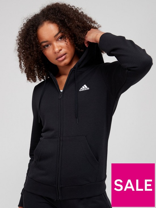 front image of adidas-essentials-linear-full-zip-hoodie-black