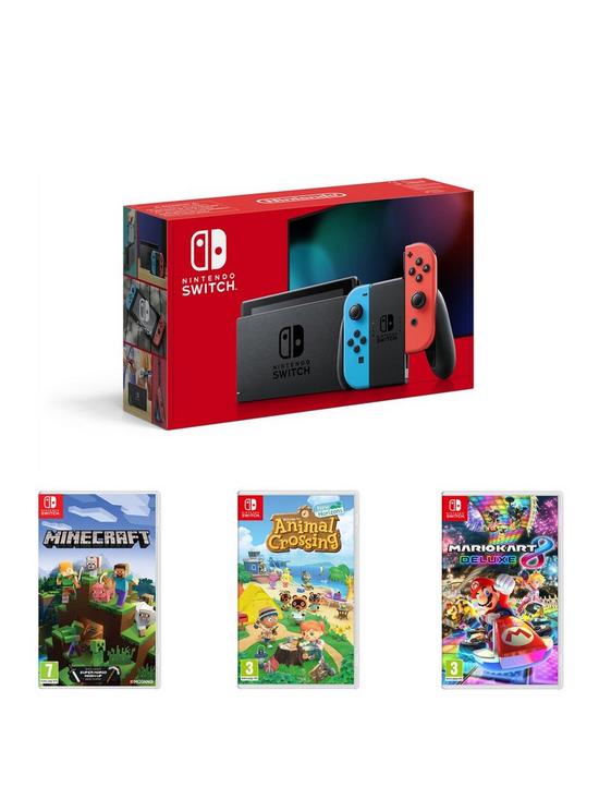 front image of nintendo-switch-neon-11-consolenbspwith-animal-crossing-new-horizon-minecraft-and-mario-kart-8-deluxe