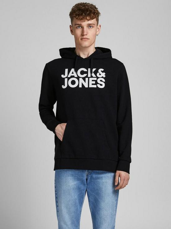 front image of jack-jones-logo-overhead-hoodie-black