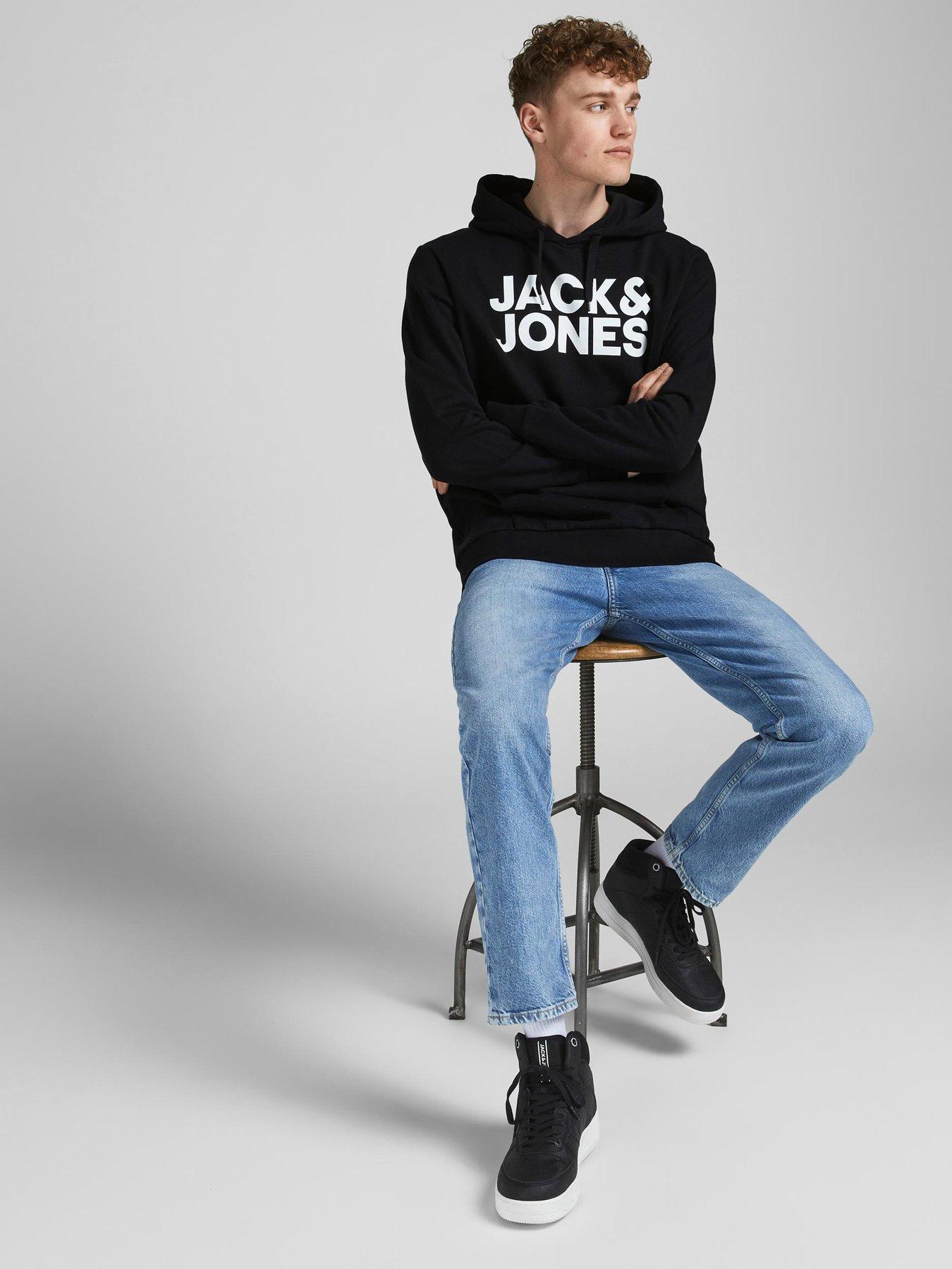 Jack & Jones Logo Overhead Hoodie - Black | very.co.uk