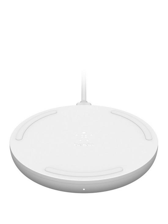 front image of belkin-boost-charge10w-wireless-charging-pad-qc-30-wall-charger-cable-white