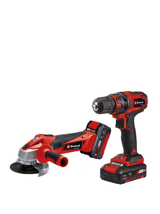 front image of einhell-power-x-change-classic-18v-drill-driver-amp-angle-grinder-kit-1-x-15ah-amp-1-x-30ah