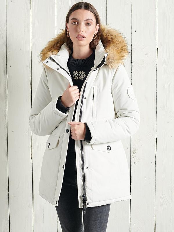 Superdry Everest Parka Coat White, Ladies Parka Coats With Fur Hood Uk