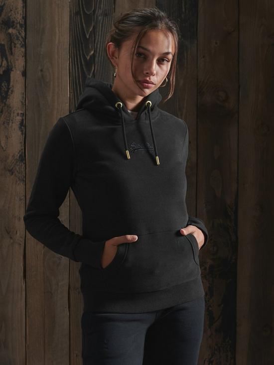 front image of superdry-vintage-logo-tonal-embroidered-hoodie-black
