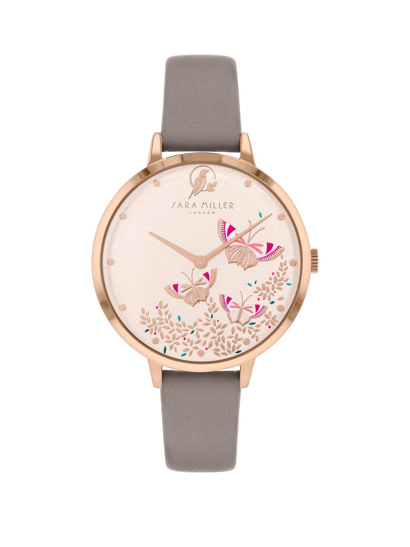 Jewellery & watches White Butterfly Dial Grey Leather Strap Ladies Watch